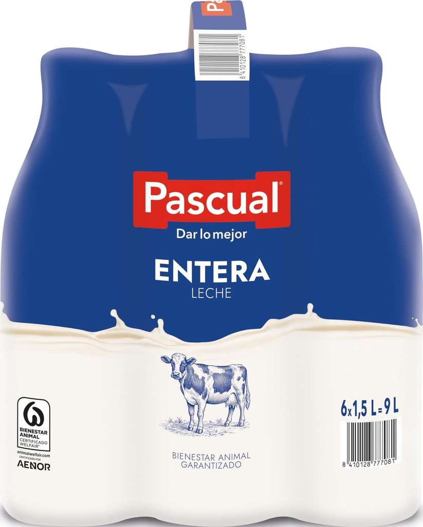 Pack de 6 leches enteras Pascual de 1,5L por 5,07€ en Amazon, con un 55% de descuento